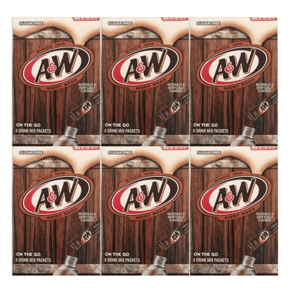 A&W Singles To Go Powder Packets - Sugar Free, Non-Carbonated Root Beer Water Drink Mix (6 Boxes with 6 Packets Each - 36 Total Servings)