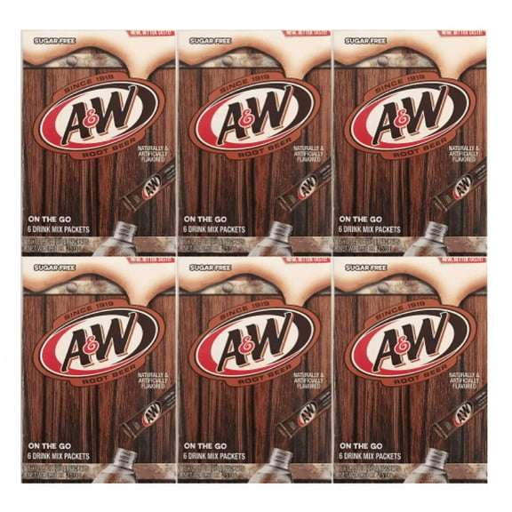 A&W Singles To Go Powder Packets - Sugar Free, Non-Carbonated Root Beer Water Drink Mix (6 Boxes with 6 Packets Each - 36 Total Servings)