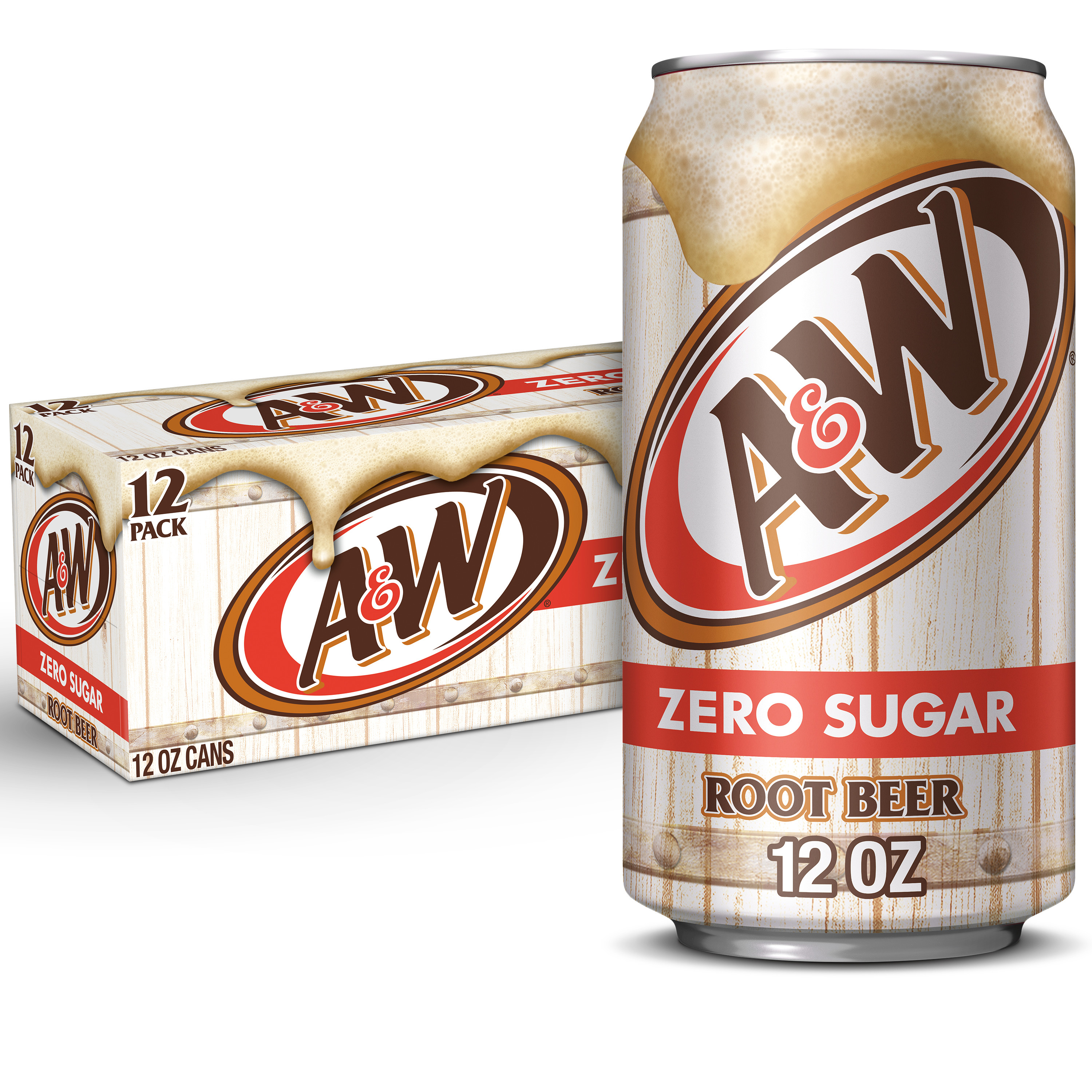 A&W Zero Sugar Root Beer Soda Pop, 12 fl oz, 12 Pack Cans - image 1 of 13