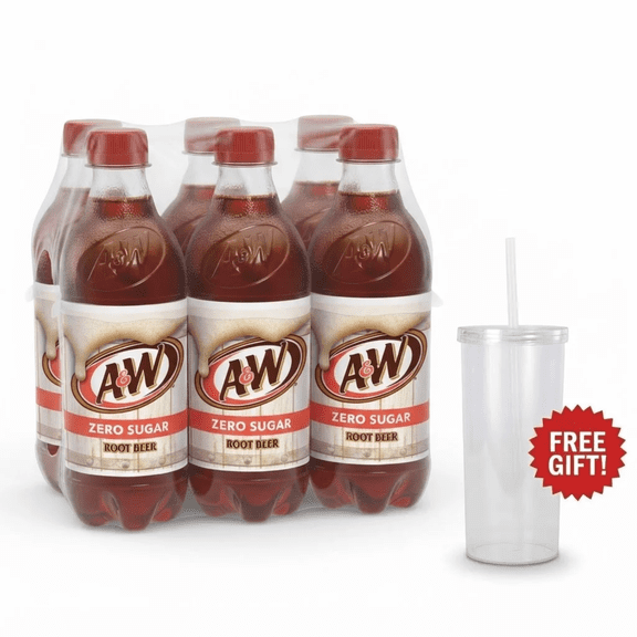 A&W Zero Sugar Root Beer Soda Pop, 16.9 fl oz, 6 Pack Bottles with Free Reusable 20 fl oz Cup and Straw
