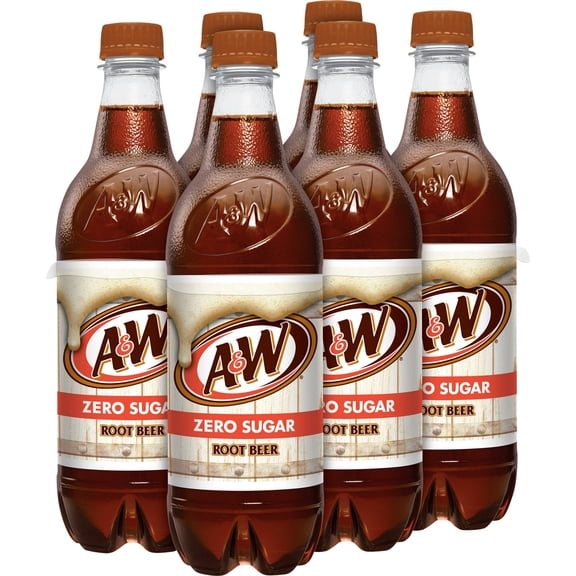 A&W Zero Sugar Root Beer Soda Pop, 16.9 fl oz, 6 Pack Bottles