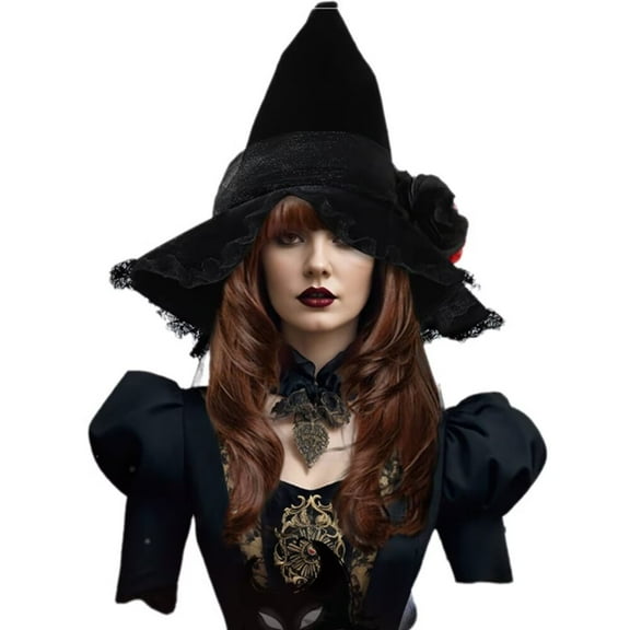 A-Waroom 1 Pcs Velet Witch Hat with Long Veil and Flower