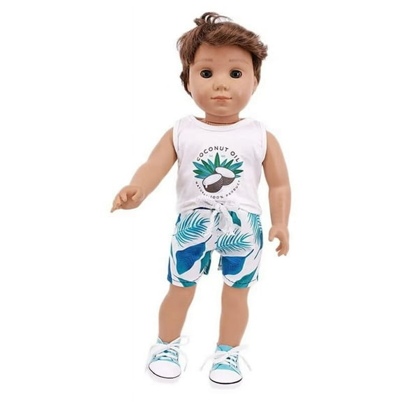 AlevRam 2 Pcs Summer Beach Outfit for 18 Inch Boy Doll Vest Shirt and Pants Set Fashion Clothes for American Boy Doll, Our Generation 18” Doll Clothes