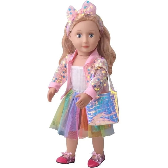 AlevRam 3 Piece Outfit for 18" Dolls Sequin Jacket, White Tank Top Rainbow Tulle Skirt Doll Clothes Set