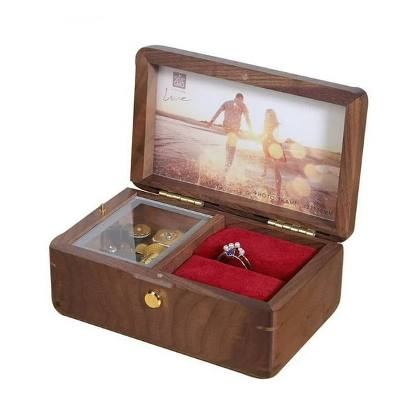 A-Waroom Natural Walnut Wooden Music Jewelry Box for Women with Customizable Photos Wind Up Musical Box Gifts for Christmas,Birthday and Valentine's Day