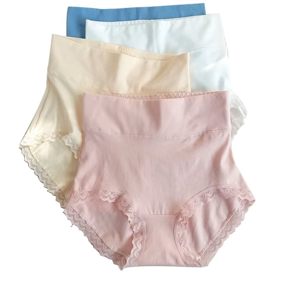 A-Waroom Women's High Waist Cotton Underwear Soft Full Briefs Lace Pure Color Brief Ladies Breathable Panties 4 pack