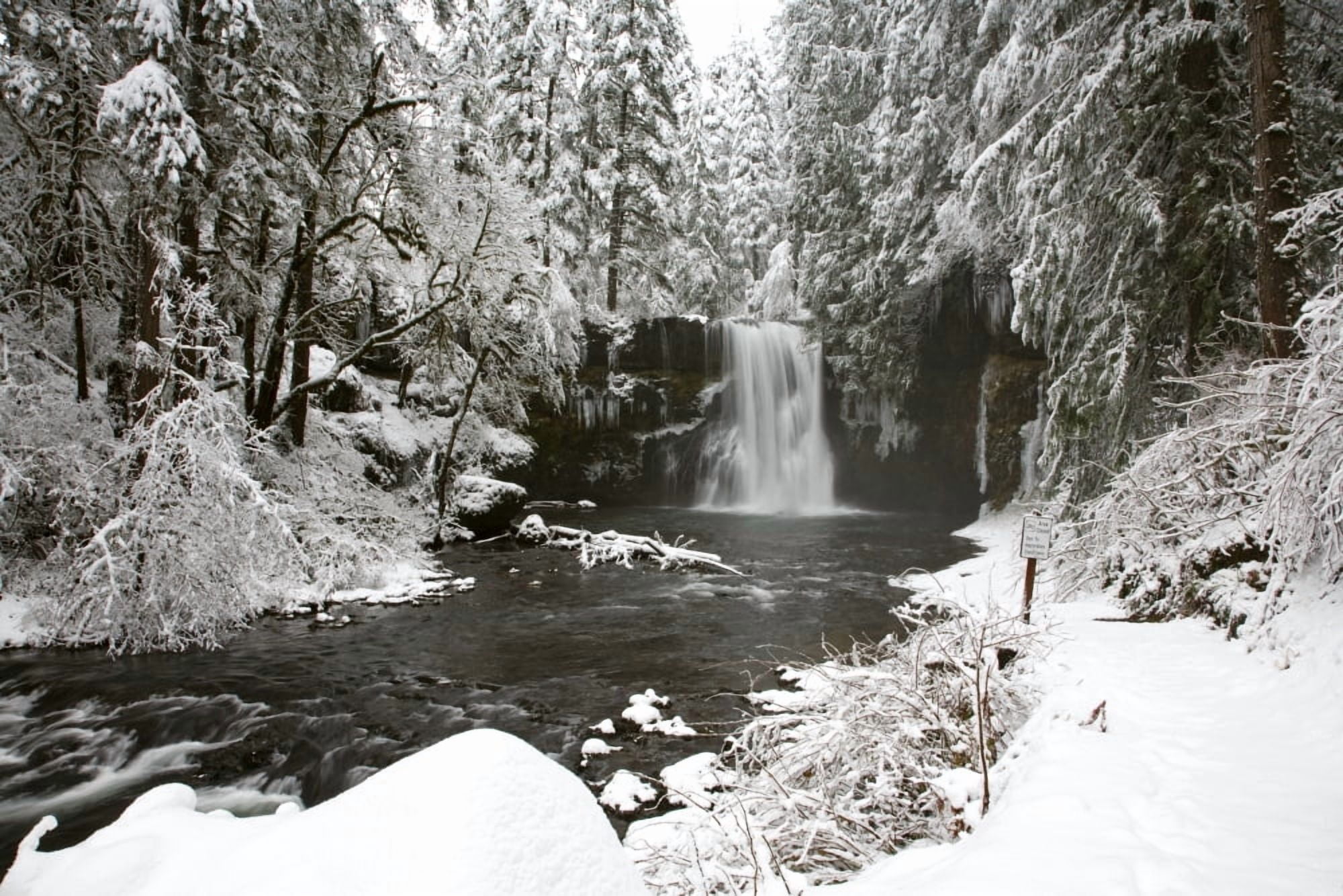 A Waterfall In To A River In Winter Canvas Art - Craig Tuttle Design Pics (18 x 12)