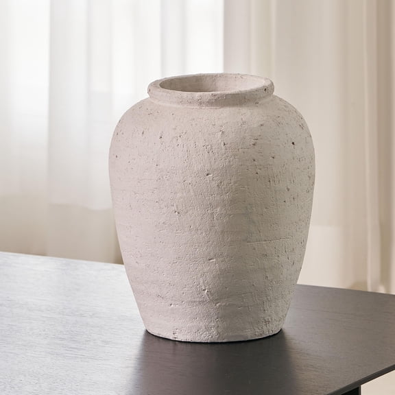 A - White 11.8 Distressed Ceramic Vase, Round Farmhouse Style for Living