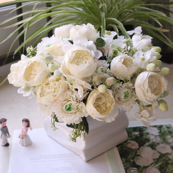 A White 5 Stem Artificial Flower Arrangement Hydrangea Peony Berry Mix For Wedding Centerpiece Home Decor And Floral Craft