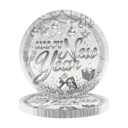 A White And Silver Happy New Year Theme Party Tableware Disposable Paper Plates Cups Napkins Set For Holiday Celebration