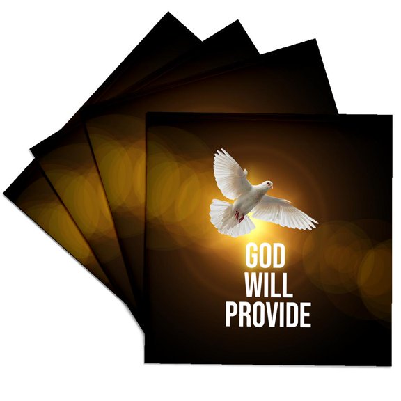 3drose, a White Dove, Heavenly Light. God Will Provide Text. Positive Gift, Set of 4 Ceramic Tile Coasters