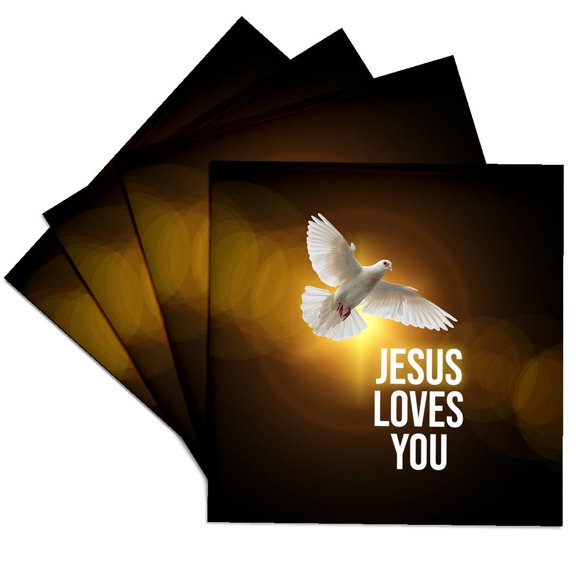 3drose, a White Dove, Heavenly Light. Jesus Loves You Text. Positive Gift, Set of 4 Ceramic Tile Coasters