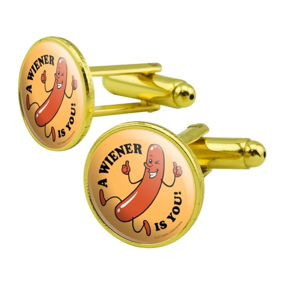 A Wiener Winner Is You Hot Dog Funny Humor Round Cufflink Set Gold Color