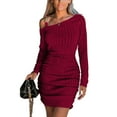 thumbnail image 1 of Women’s Wine Red Off-the-Shoulder Long Sleeve Bodycon Mini Dress – Elegant Fall Party Dress, 1 of 9