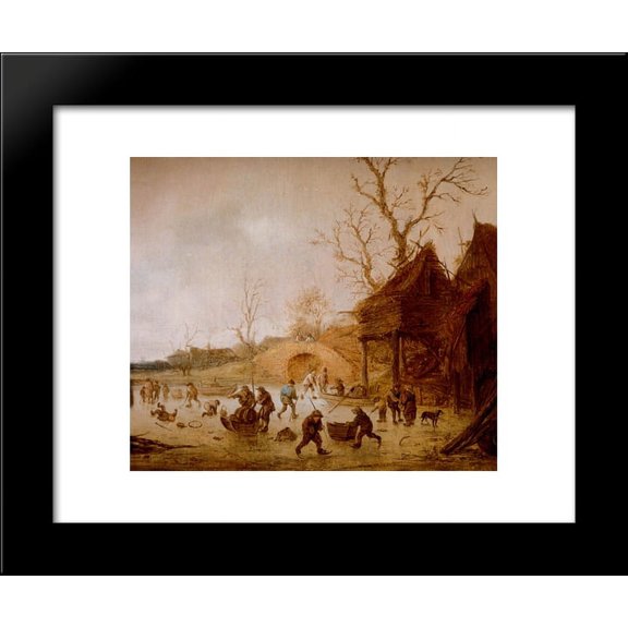 A Winter Landscape with Skaters, Children Playing Kolf and Figures with Sledges on the Ice near a Bridge 20x24 Framed Art Print by Ostade, Isaac van