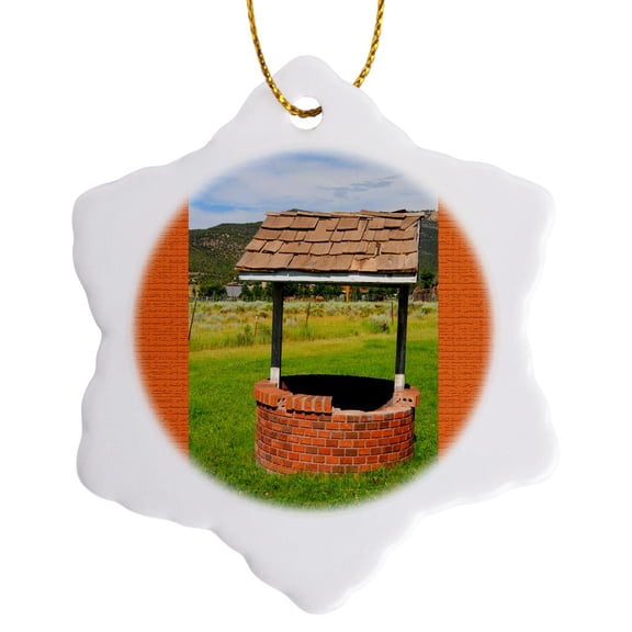 3drose, a Wishing Well with an Orange Frame on Both Sides, 3 inch Snowflake Porcelain Ornament
