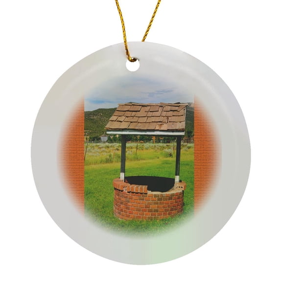 3drose, a Wishing Well with an Orange Frame on Both Sides, Circle Porcelain Ornament