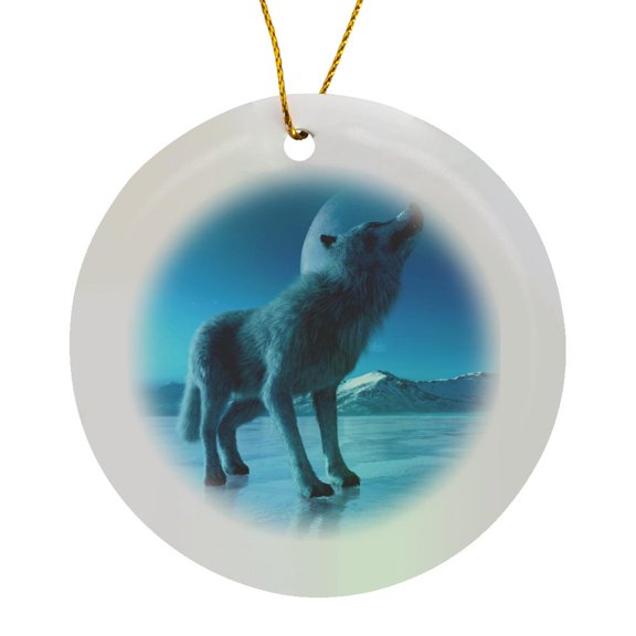 3drose, a Wolf Howling at the Arctic Moon, Circle Porcelain Ornament