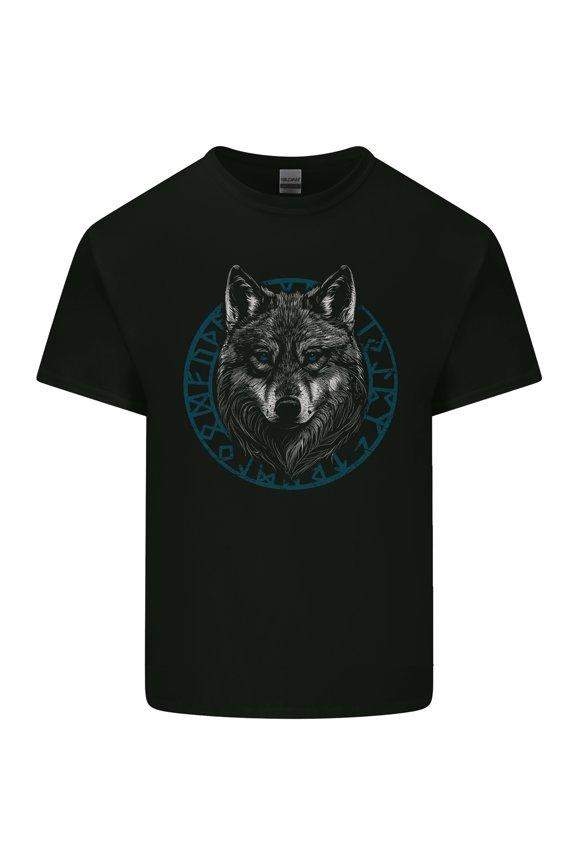 A Wolf in Viking Symbols Text Valhalla Mens Cotton T-Shirt Tee Top