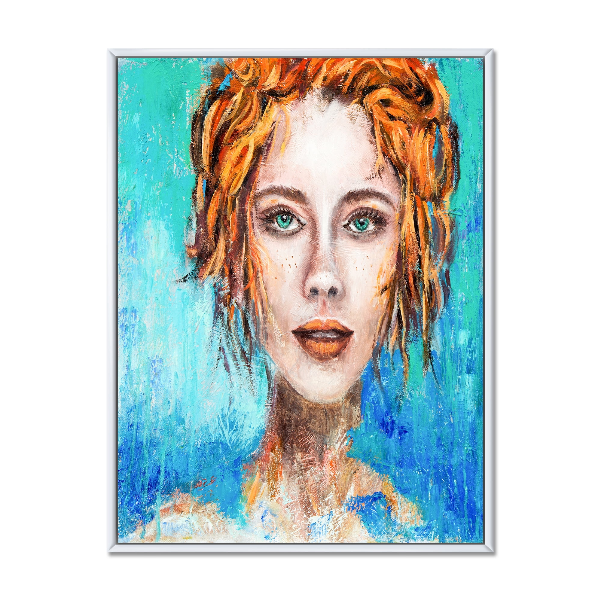 A Woman Face With Red Hair And Green Eyes 30 in x 40 in Framed Painting Canvas Art Print, by Designart