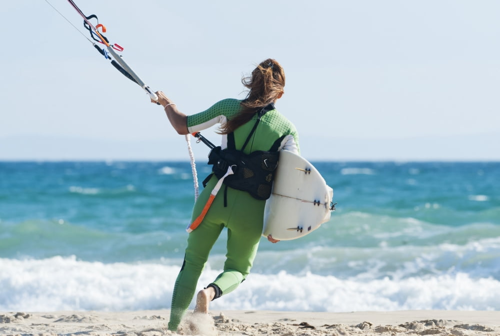 A Woman With Her Kitesurfing Board Walking Into The Water Tarifa Cadiz Andalusia Spain Canvas Art - Ben Welsh Design Pics (38 x 24)