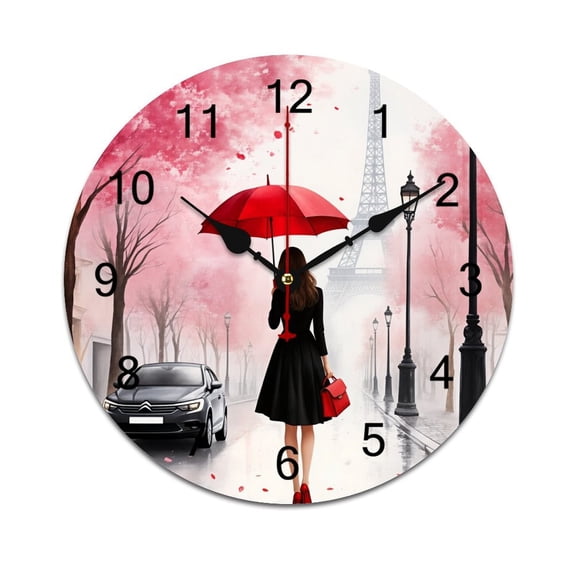 A Woman with A Red Umbrella in Paris -2 Time Decorative Wall Clocks Round Large Wall Watch Bedroom Home Decor 10in