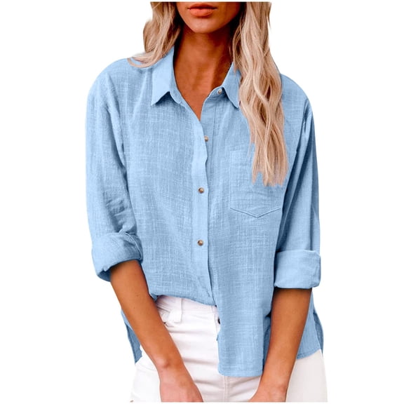 A Womens Cotton Linen Button Down Shirt, Light Blue,
