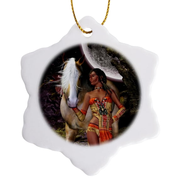 3drose, a Wonderful Native Woman with Her Horse, Fantasy Scene, 3 inch Snowflake Porcelain Ornament