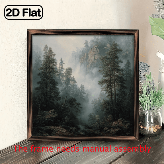 A Wooden Frame Painting A Misty Mountain Forest Scene with Tall Trees And Rocks Perfect for Enhancing Living Rooms, Bedrooms.wooden board painting