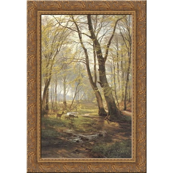 A Woodland Scene With Deer 18x24 Gold Ornate Wood Framed Canvas Art by Aagard, Carl Fredrik