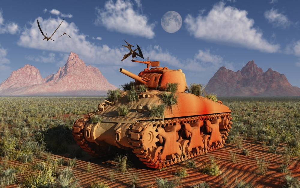 A World War II American Sherman tank out of context and time Canvas Art - Mark StevensonStocktrek Images (36 x 23)