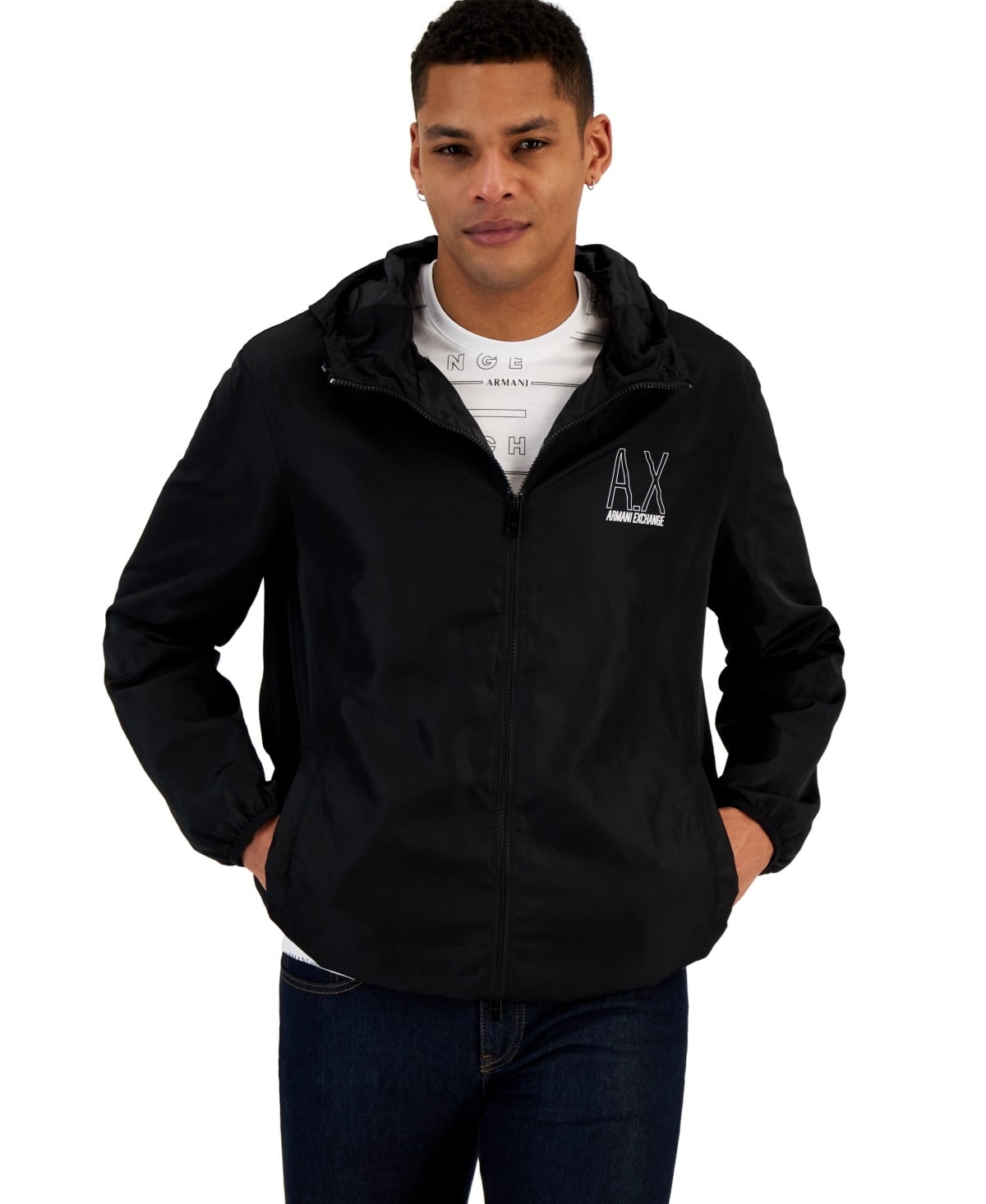 A X Armani Exchange Men's Zip-up Hooded Logo Windbreaker Jacket in Black_XL  - Walmart.com