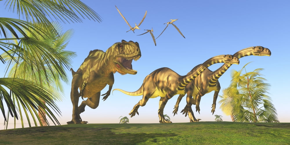 A Yangchuanosaurus chasing two Massospondylus dinosaurs Canvas Art - Corey FordStocktrek Images (40 x 20)