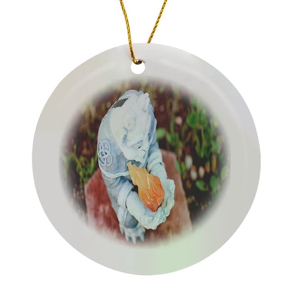 3drose, a Yard Ornament in Cement a Creature Holding a Chrystal Taken from Above with Green Leaves, Circle Porcelain Ornament