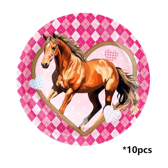 A Year Of The Horse Themed Dinner Plates Pink Checkered Design With Racing Horse Print Party Decoration Tableware 7 Inch 18 Cm 10 Pack 0.14 Lb