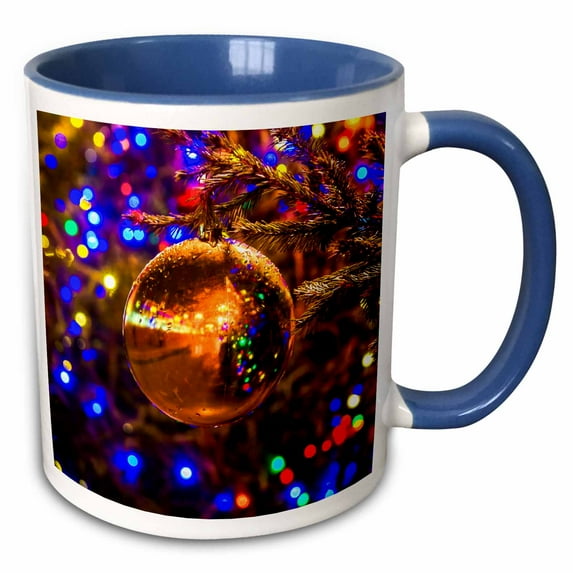 3drose, a Yellow Glass Ball on a Decorated Christmas Tree. Shining Lights, 15oz Two-tone Blue Mug