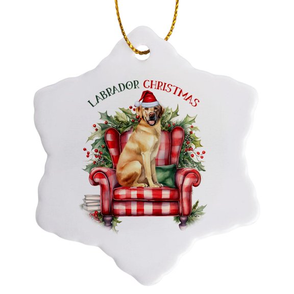 3drose, a Yellow Labrador Retriever Dog Ready for the Christmas Holiday Season, 3 inch Snowflake Porcelain Ornament