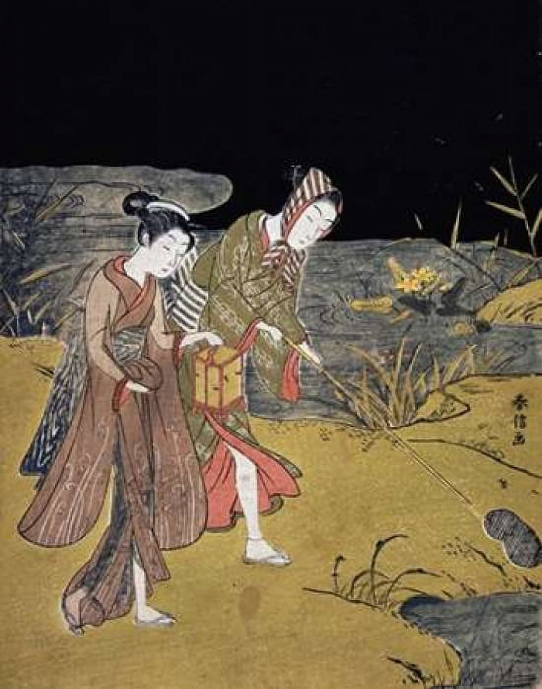 A Young Couple Catching Fireflies at Night On The Banks of a River Canvas Art - Suzuki Harunobu (22 x 28)