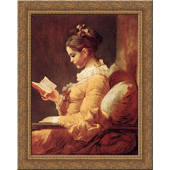 A Young Girl Reading 20x23 Gold Ornate Wood Framed Canvas Art by Fragonard, Jean Honore