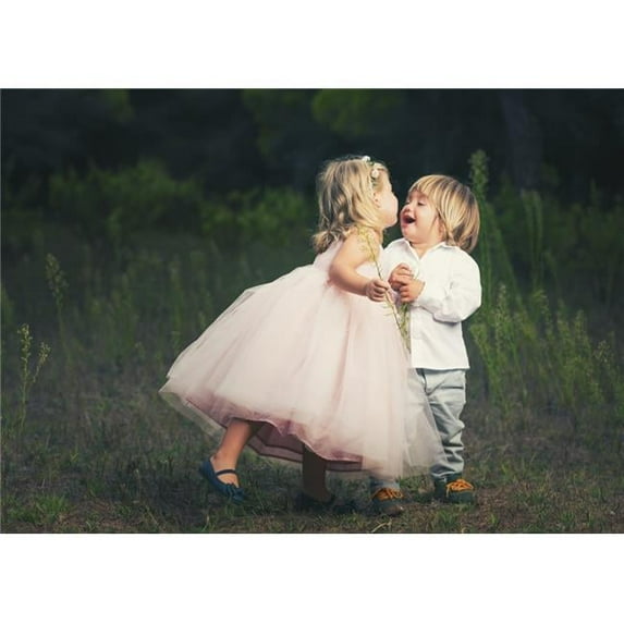 A Young Girl with A Pink Princess Dress Leans in To Kiss A Young Boy - Tarifa Cadiz Andalusia Spain Print - 36 x 26 in. - Large
