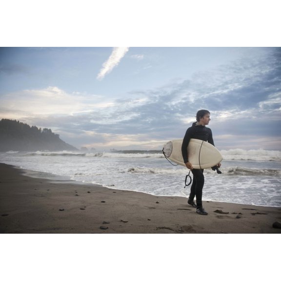A Young Man Carries His Surfboard Down The Beach La Push Washington United States Of America Canvas Art - Helene Cyr Design Pics (19 x 12)
