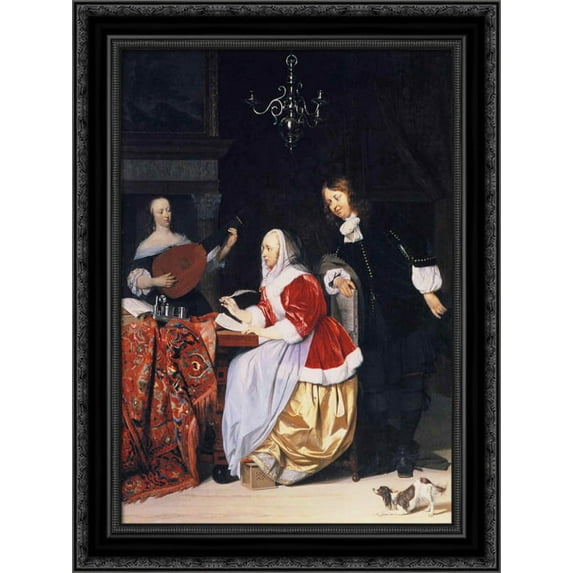 A Young Woman Composing Music 20x24 Black Ornate Wood Framed Canvas Art by Metsu, Gabriel