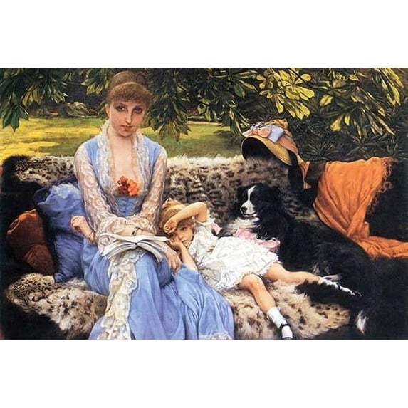 A Young woman with a toddler and a dog sitting on leopard skin draped couch in a garden Poster Print by James Tissot (18 x 24)
