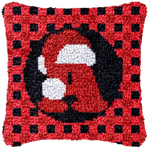 A-Z 26 Letter Name Christmas Hat Latch Hook Pillow Kits Alphabet Needle Crochet Yarn Kits Printed Canvas Red Cushion Hook and Latch Throw Pillow Letter A Christmas Decoration 43x43cm