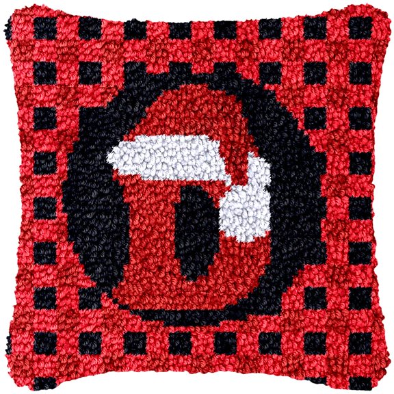 A-Z 26 Letter Name Christmas Hat Latch Hook Pillow Kits Alphabet Needle Crochet Yarn Kits Printed Canvas Red Cushion Hook and Latch Throw Pillow Letter D Christmas Decoration 43x43cm