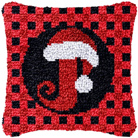 A-Z 26 Letter Name Christmas Hat Latch Hook Pillow Kits Alphabet Needle Crochet Yarn Kits Printed Canvas Red Cushion Hook and Latch Throw Pillow Letter J Christmas Decoration 43x43cm