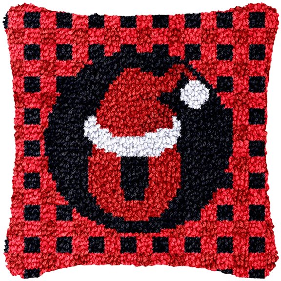 A-Z 26 Letter Name Christmas Hat Latch Hook Pillow Kits Alphabet Needle Crochet Yarn Kits Printed Canvas Red Cushion Hook and Latch Throw Pillow Letter O Christmas Decoration 43x43cm