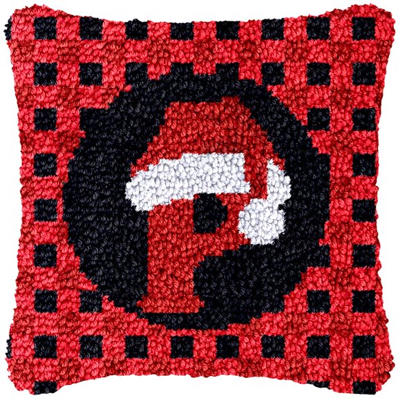 A-Z 26 Letter Name Christmas Hat Latch Hook Pillow Kits Alphabet Needle Crochet Yarn Kits Printed Canvas Red Cushion Hook and Latch Throw Pillow Letter P Christmas Decoration 43x43cm