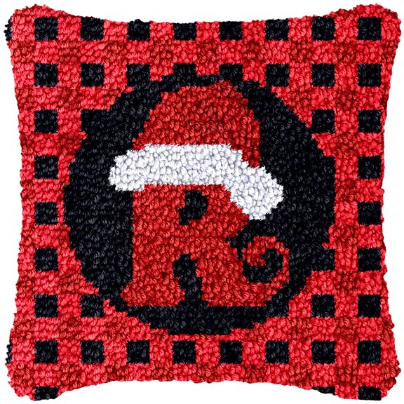 A-Z 26 Letter Name Christmas Hat Latch Hook Pillow Kits Alphabet Needle Crochet Yarn Kits Printed Canvas Red Cushion Hook and Latch Throw Pillow Letter R Christmas Decoration 43x43cm