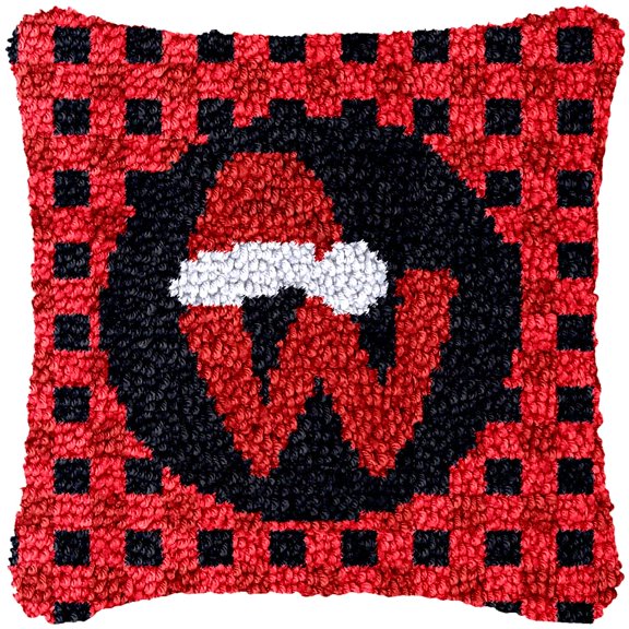 A-Z 26 Letter Name Christmas Hat Latch Hook Pillow Kits Alphabet Needle Crochet Yarn Kits Printed Canvas Red Cushion Hook and Latch Throw Pillow Letter W Christmas Decoration 43x43cm
